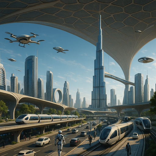 Dubai skyline with digital technology overlay