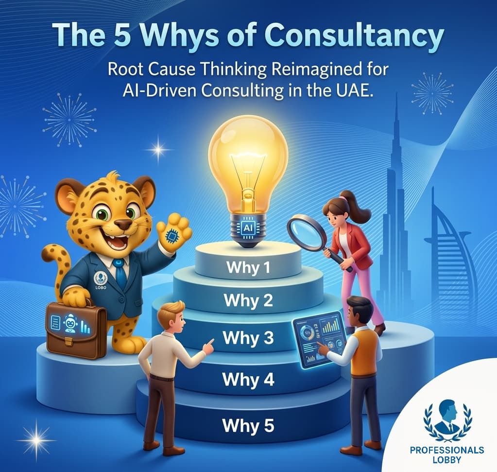 The 5 Whys root cause analysis framework visualized with AI-driven consulting, Lobo AI insights, and Professionals Lobby methodology uncovering deep business problems and driving accurate solutions