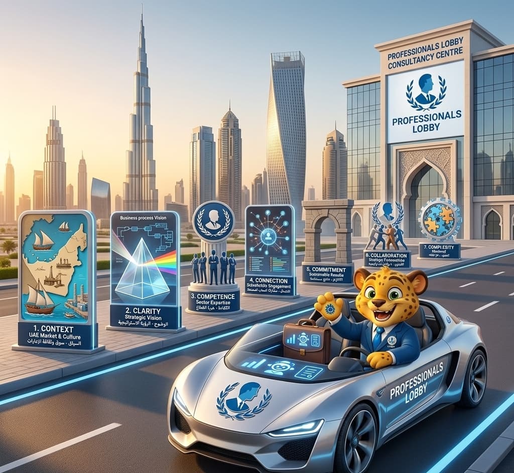 AI-powered consultancy roadmap in Dubai with Lobo driving through milestones representing the 7 C’s of Consultancy including client, clarity, communication, competence, credibility, commitment, and change management
