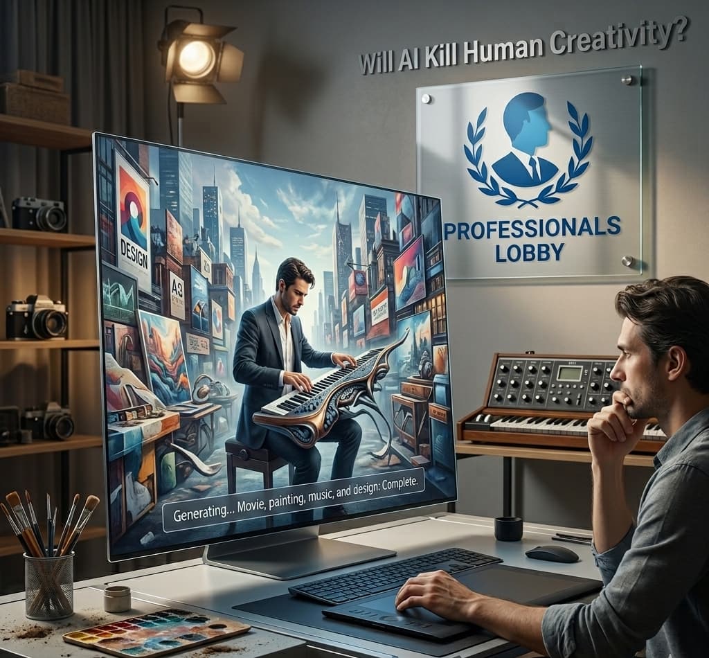 Human creativity vs AI generated content concept showing artistic and digital intelligence contrast