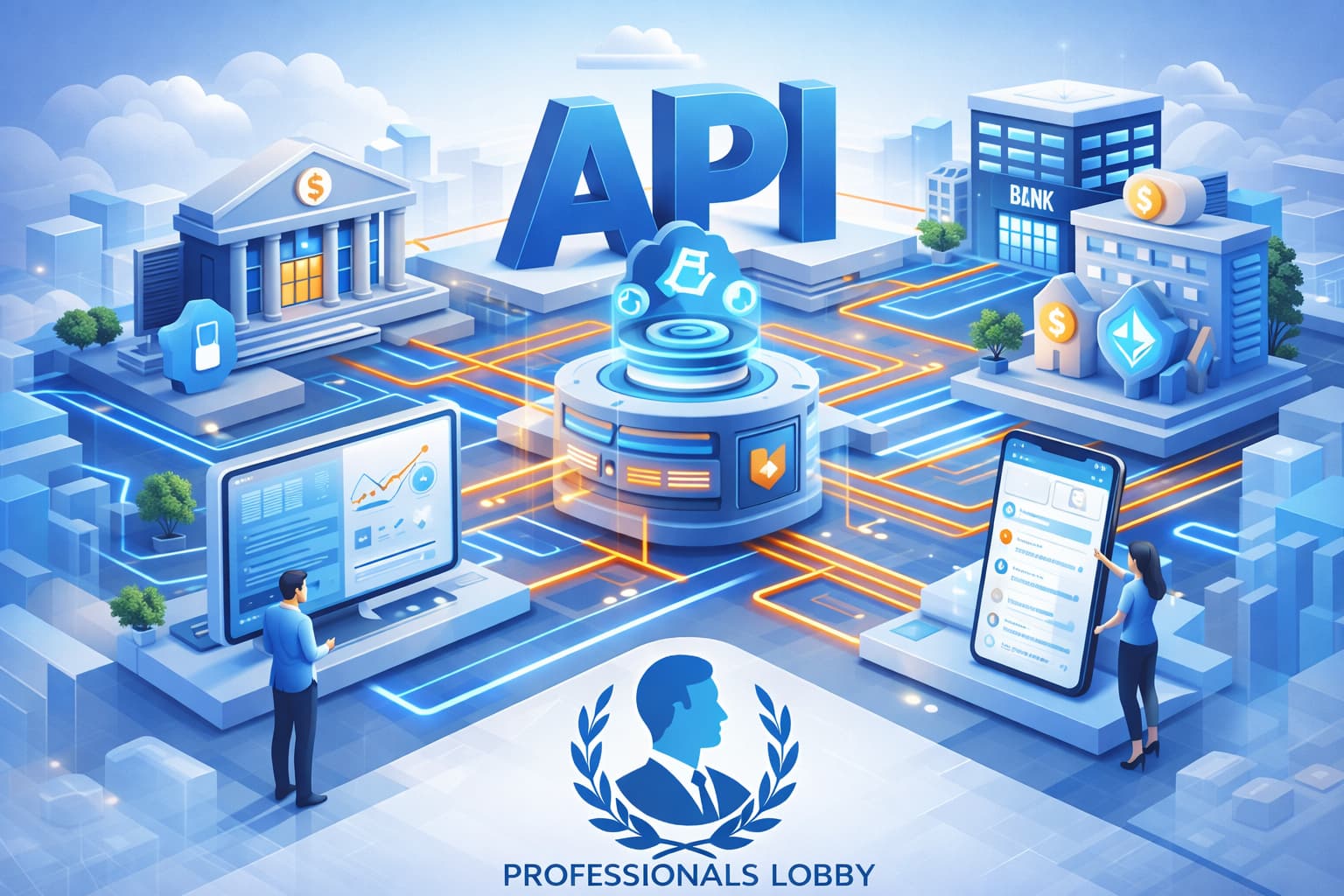API architecture connecting ERP, banking, and digital systems in a modern 3D environment