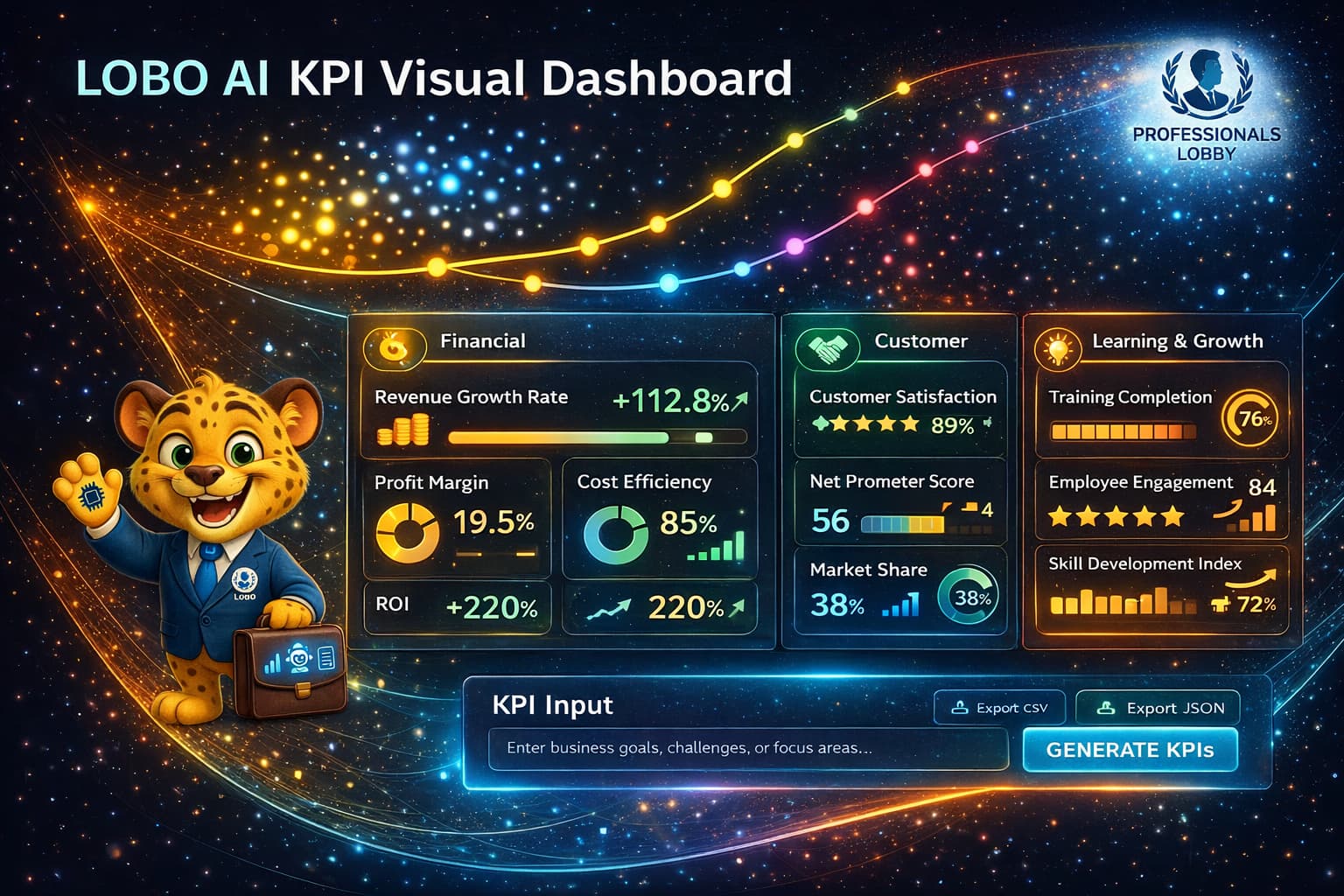 Balanced Scorecard framework visualized for consulting with Financial, Customer, Internal Processes, and Learning & Growth perspectives, enhanced by Lobo AI engine, ERP dashboards, KPI design, and expert validation by Professionals Lobby for strategic performance management and AI-driven growth