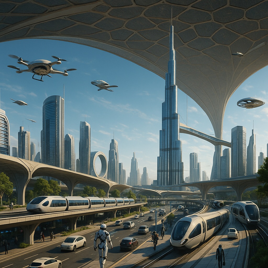Futuristic Dubai skyline with flying vehicles and dome structures