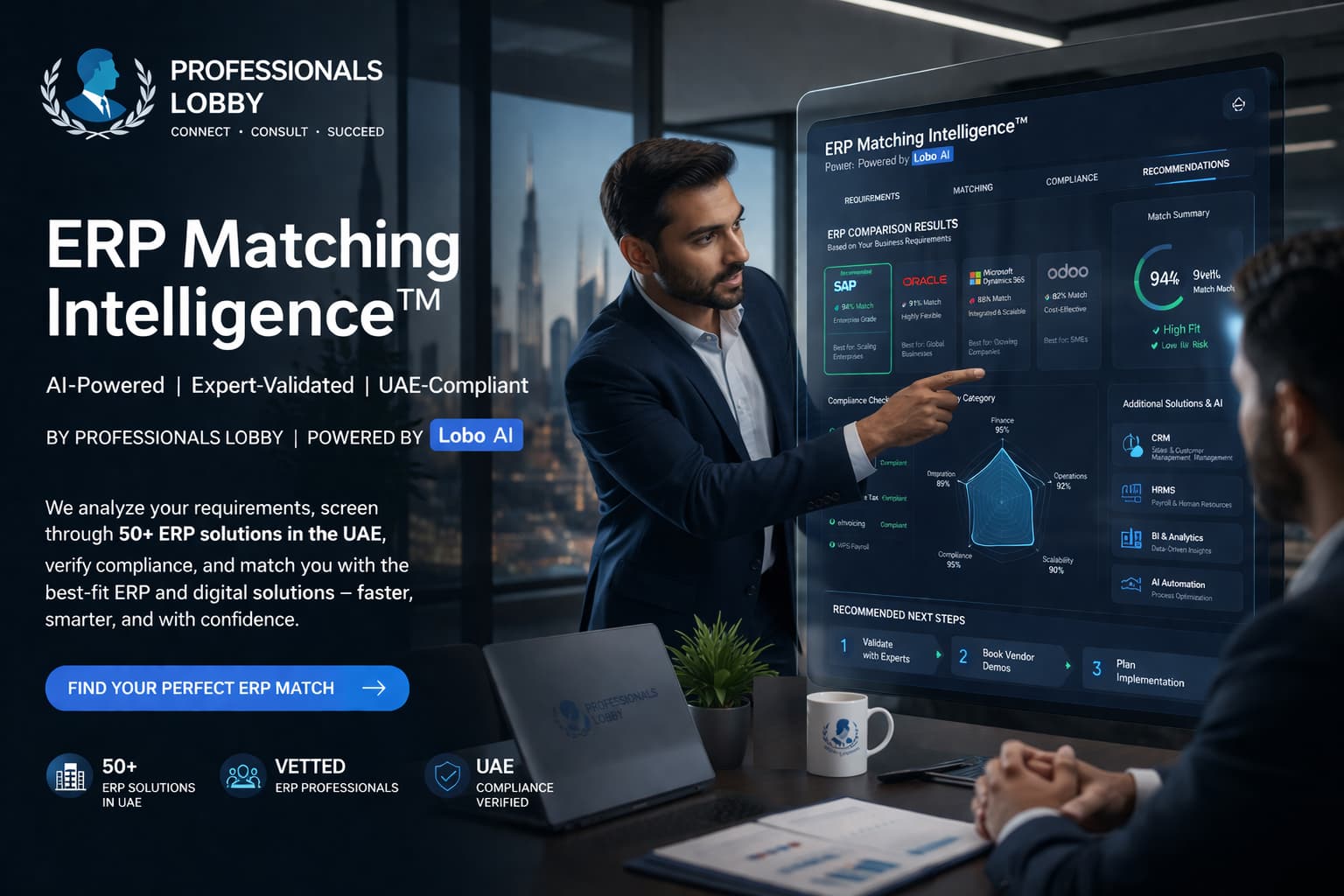 Professionals Lobby consultants using AI-powered ERP Matching Intelligence dashboard to analyze and recommend ERP systems in a UAE corporate environment