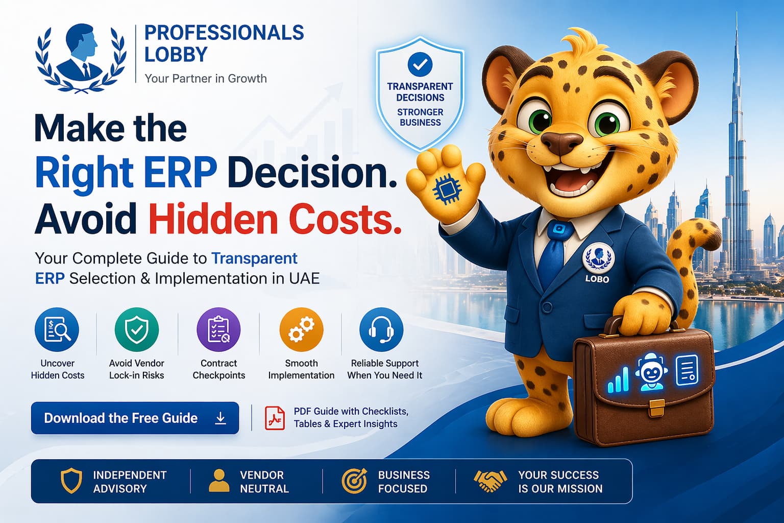 Hidden ERP costs in UAE explained with visuals including licensing, customization, data migration, compliance, cloud charges, and vendor lock-in risks, guided by Professionals Lobby for transparent ERP selection and implementation