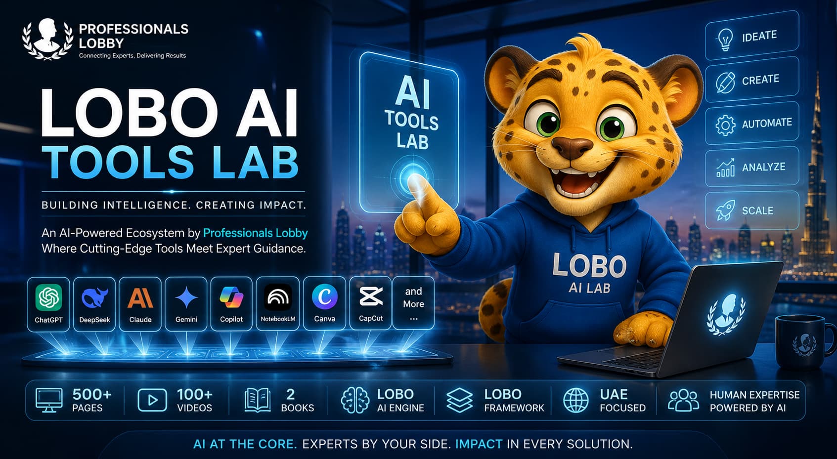 LOBO AI Tools Lab by Professionals Lobby showcasing ChatGPT, DeepSeek, NotebookLM, Canva, CapCut and other AI tools used to build a consultancy ecosystem with honest reviews and real-world applications
