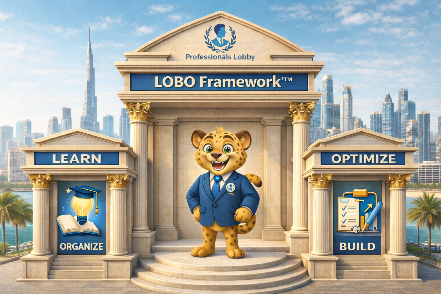 LOBO Framework™ by Professionals Lobby visualized for consulting with AI-powered insights, structured methodology of Learn, Organize, Build, and Optimize, driven by Lobo AI engine and expert validation for intelligent business transformation and decision-making
