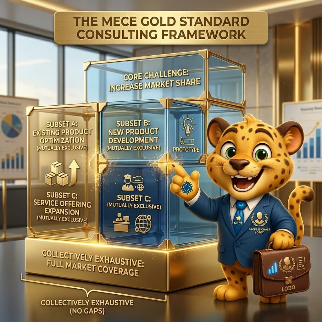 MECE principle framework visualized with structured consulting layers, AI-powered matching by Lobo AI, and Professionals Lobby methodology ensuring clarity, completeness, and precision in decision-making