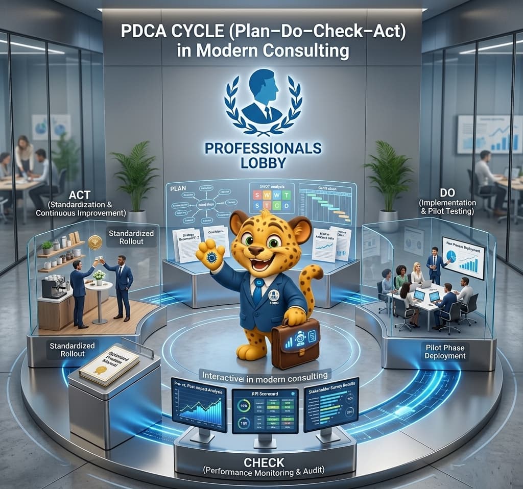 PDCA Cycle (Plan Do Check Act) visualized for consulting with AI-powered execution, continuous improvement loop, ERP implementation cycles, and Professionals Lobby Lobo AI engine with expert validation for intelligent business optimization