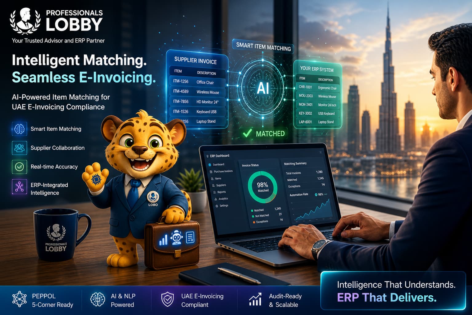 AI-powered ERP item matching for UAE e-invoicing under PEPPOL framework, showcasing intelligent mapping between supplier invoices and ERP systems for automated processing and compliance