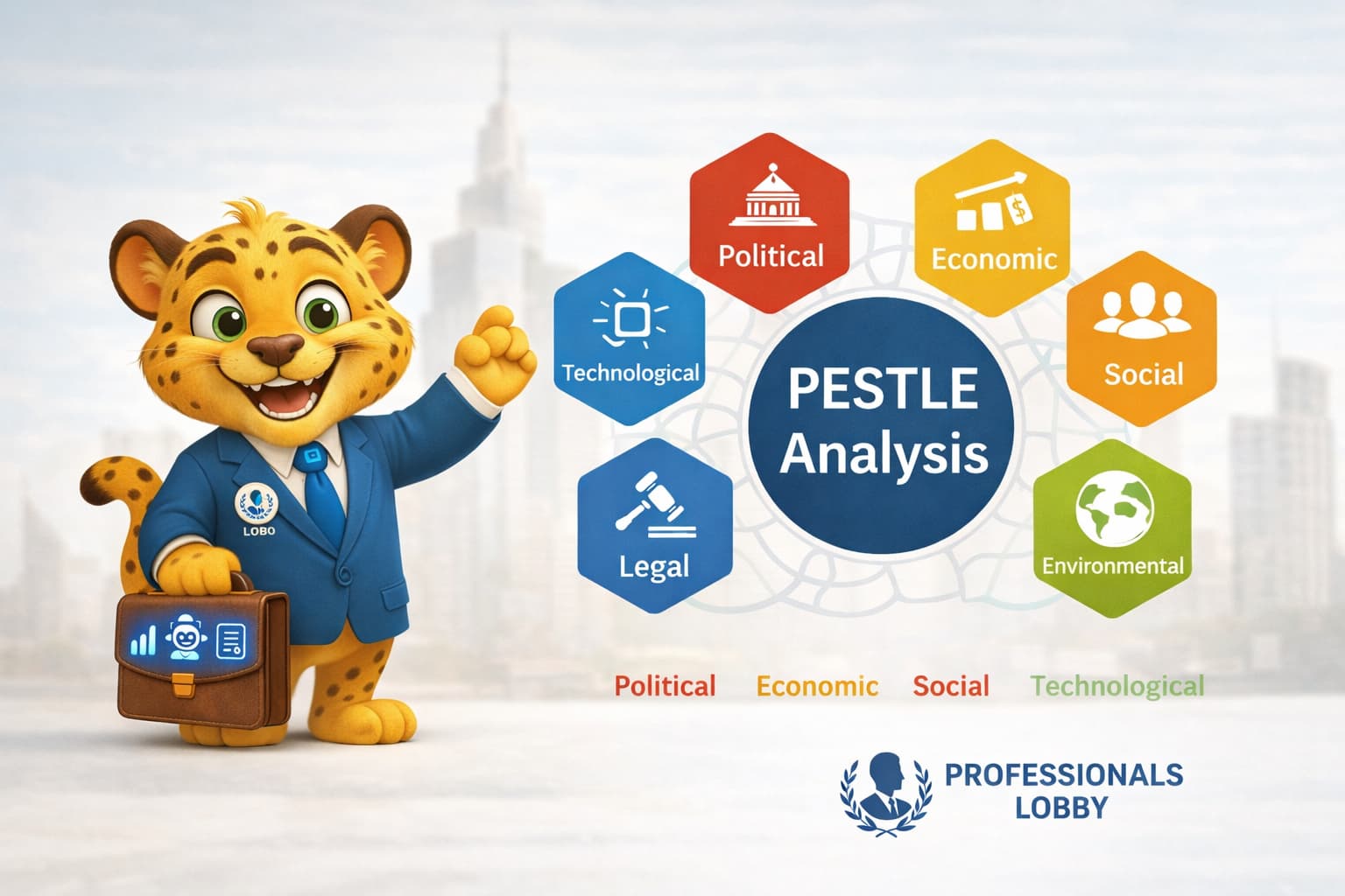 PESTLE Analysis framework visualized for consulting with AI-powered insights, Lobo AI engine, and Professionals Lobby methodology analyzing political, economic, social, technological, legal, and environmental factors for strategic business decisions