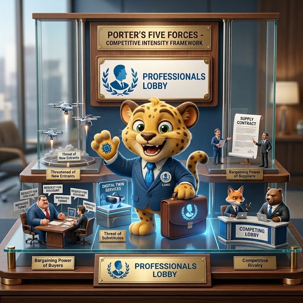 Porter’s Five Forces framework visualized for consulting with AI-powered insights, Lobo AI engine, and Professionals Lobby methodology analyzing industry rivalry, supplier power, buyer power, threat of substitutes, and threat of new entrants for competitive strategy