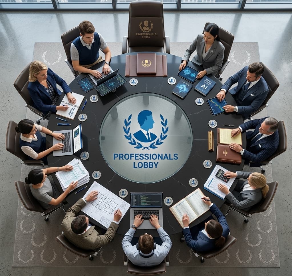 Professionals Lobby vendor neutral advisory platform concept showing business decision making, AI intelligence and expert consulting in UAE