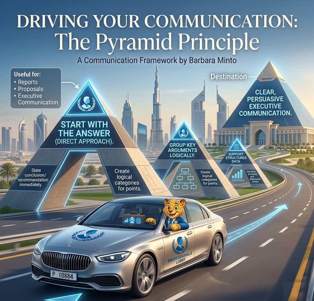 Pyramid Principle by Barbara Minto visualized for consulting with AI-powered insights, Lobo AI engine, and Professionals Lobby methodology focusing on structured communication, starting with the answer, supported by MECE arguments and data-driven evidence for executive decision-making