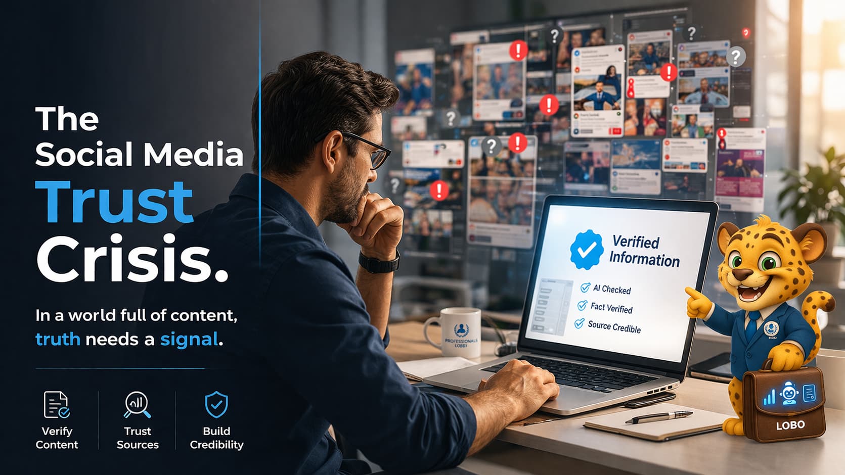 Professional analyzing multiple social media feeds with misinformation and AI-generated content contrasted by a verified information panel, representing the social media trust crisis