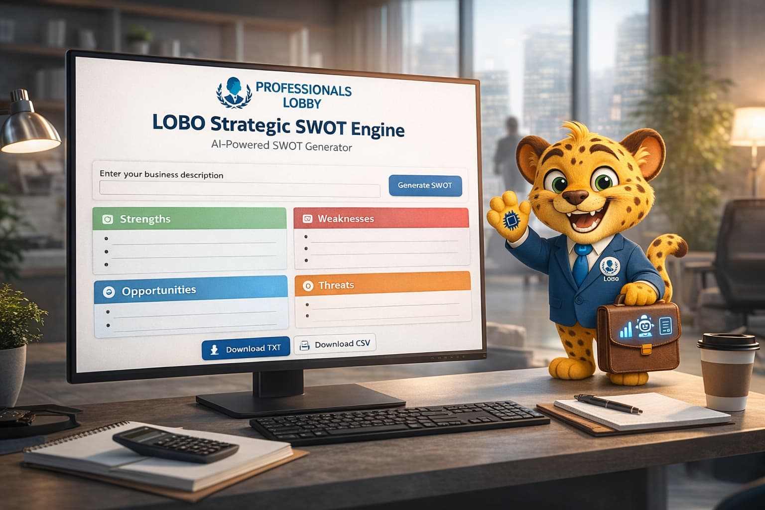 SWOT Analysis framework visualized for consulting with AI-powered insights, Lobo AI strategy engine, and Professionals Lobby methodology analyzing strengths, weaknesses, opportunities, and threats for smarter business decisions