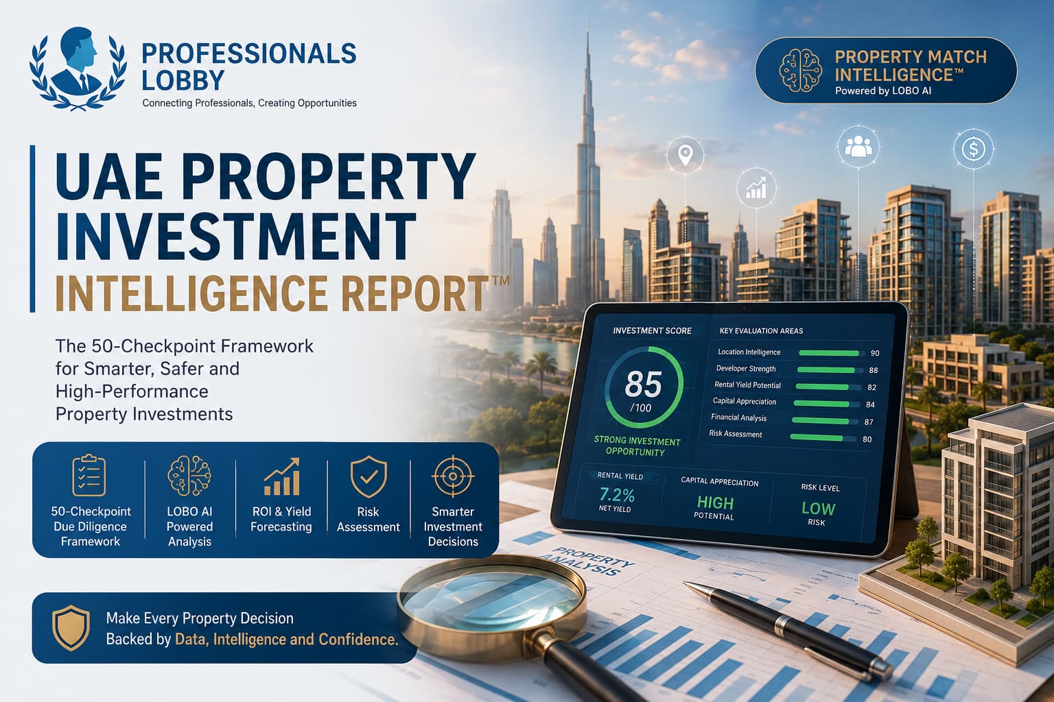 UAE Property Investment Intelligence Report - A comprehensive 50-checkpoint property due diligence framework powered by LOBO AI, helping investors evaluate location, developer reputation, rental yield, ROI, service charges, financing, future growth potential, risks and investment opportunities across the UAE property market