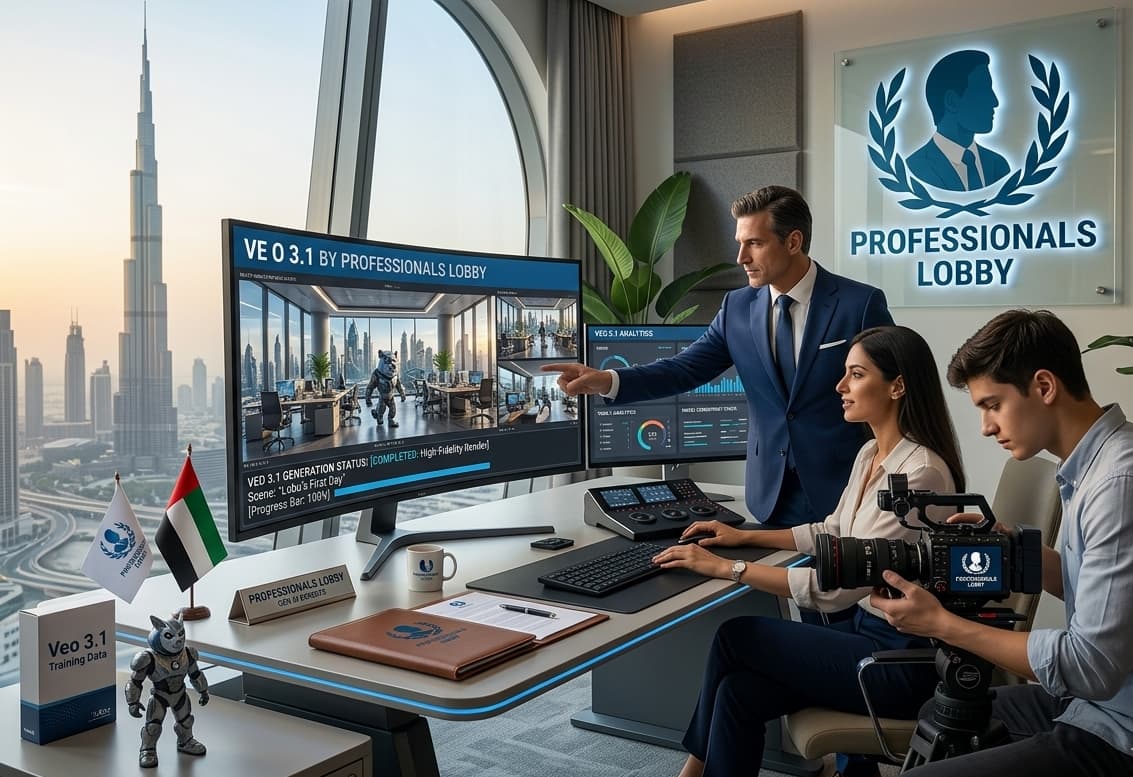 Professionals Lobby experts utilizing Google Veo 3.1 AI video generation for content creation in a Dubai office setting